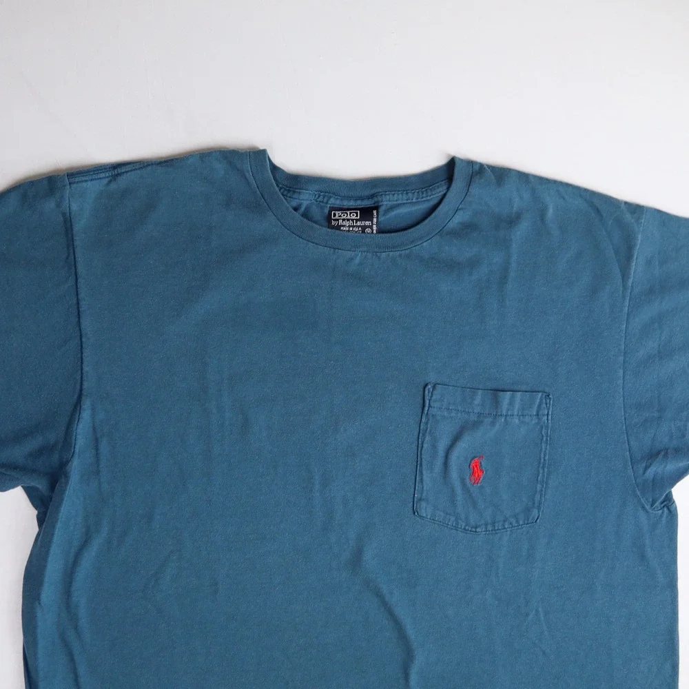 Vintage Polo Ralph Lauren Single Stitch Pocket Tee M TShirt Blue Made USA Cotton